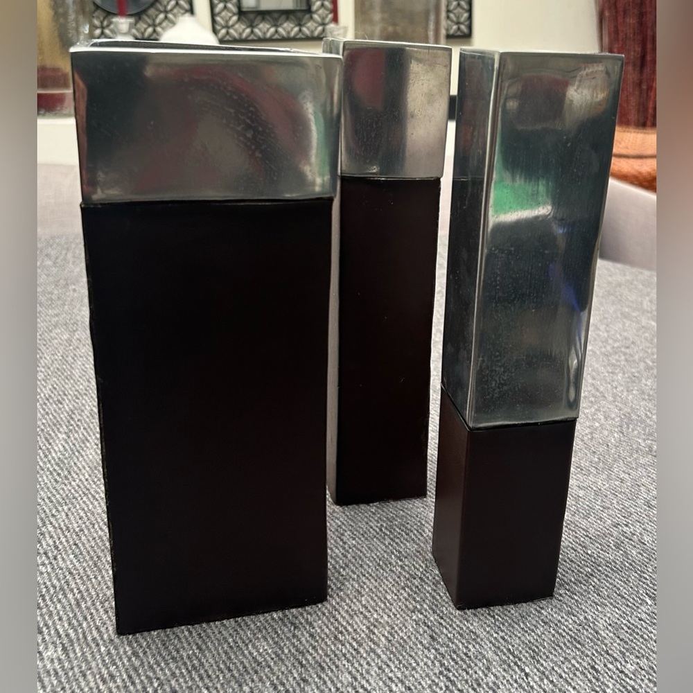 Vintage Mid Century Leather/Chrome Vase and Candle Holders - set of 3
#0925241